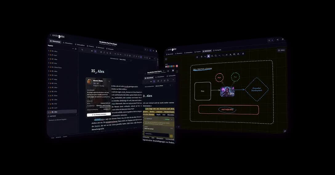 Screenshots der WriteGeist-Autorenplattform mit Editor, Worldbuilding und KI-Assistenz